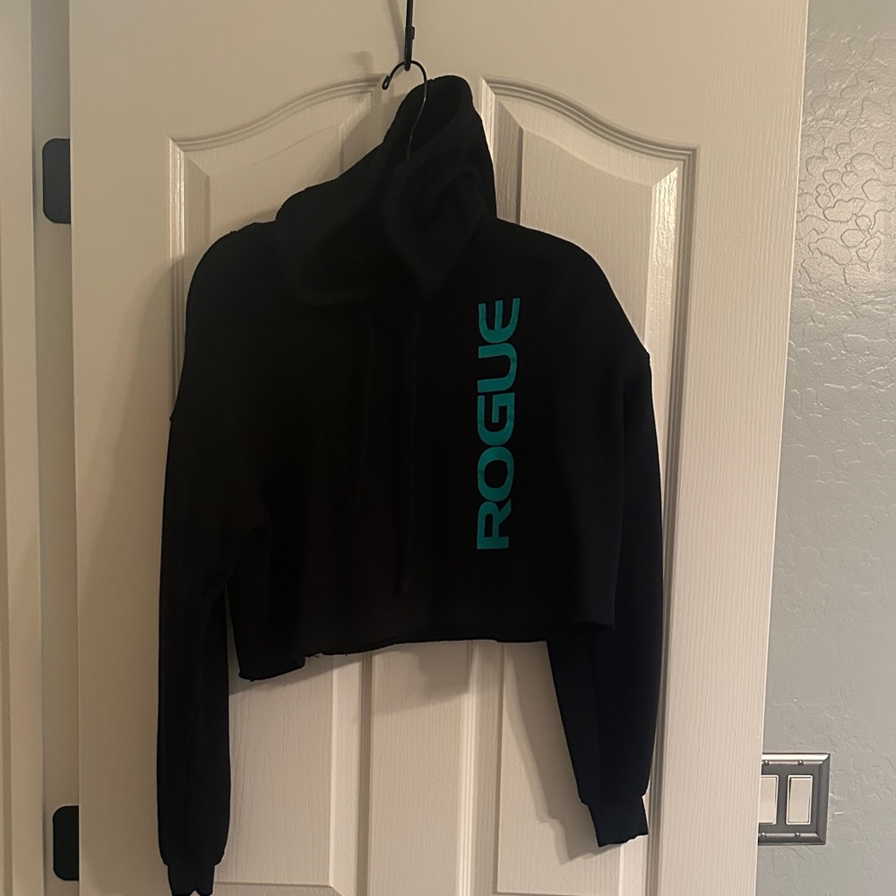 Black Cropped Hoodie with Mint Green Logo Women’s Small